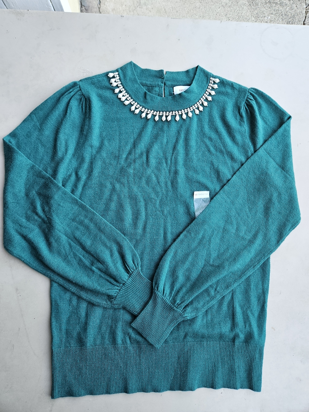 Liz Claiborne Teal Crewneck Sweater with Rhinestone Trim